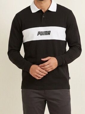 Puma Rebel Long Sleeve Black & White Size Large Polo Shirt